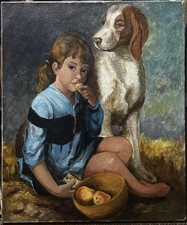 Antique Oil Painting on Canvas,Portrait of a Young Girl with Dog Beauty, Signed