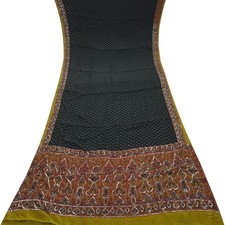 Vintage Black Sarees 100 Pure Crepe Silk Hand Embroidered Sari 5YD Craft Fabric