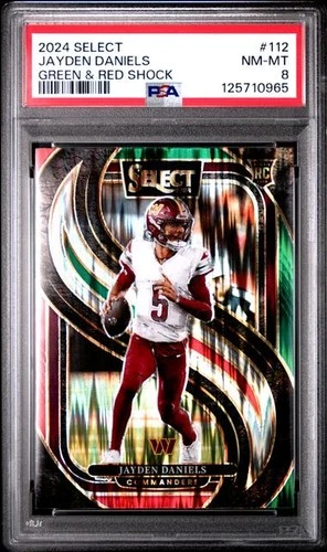 2024 SELECT #112 JAYDEN DANIELS GREEN AND RED SHOCK PRIZM RC PSA 8