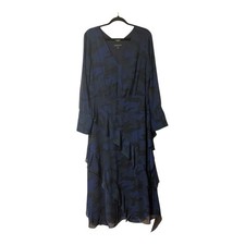 Banana Republic Women's Size 12 Camo Print Bias Ruffle Midi Dress Navy Blue