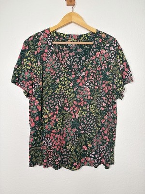 Loft Floral Green V-Neck  Tee Women's Size XXL Ditsy Boho Polished Preppy
