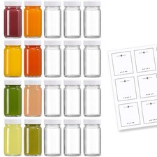 20 Pack 2 oz Glass Shot Bottles w/ White Lids  20 Labels - Small Clear Jar f...