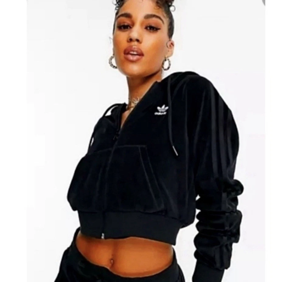 ADIDAS Negro Terciopelo Recortado Mujer Grande 3 Rayas Cremallera Sudadera con Capucha Trifolio Foto 2 de 4