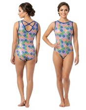 GK Elite VTG Pastel Diamond Checkered Glitter Tank Leotard Crossback Logo Sz AL