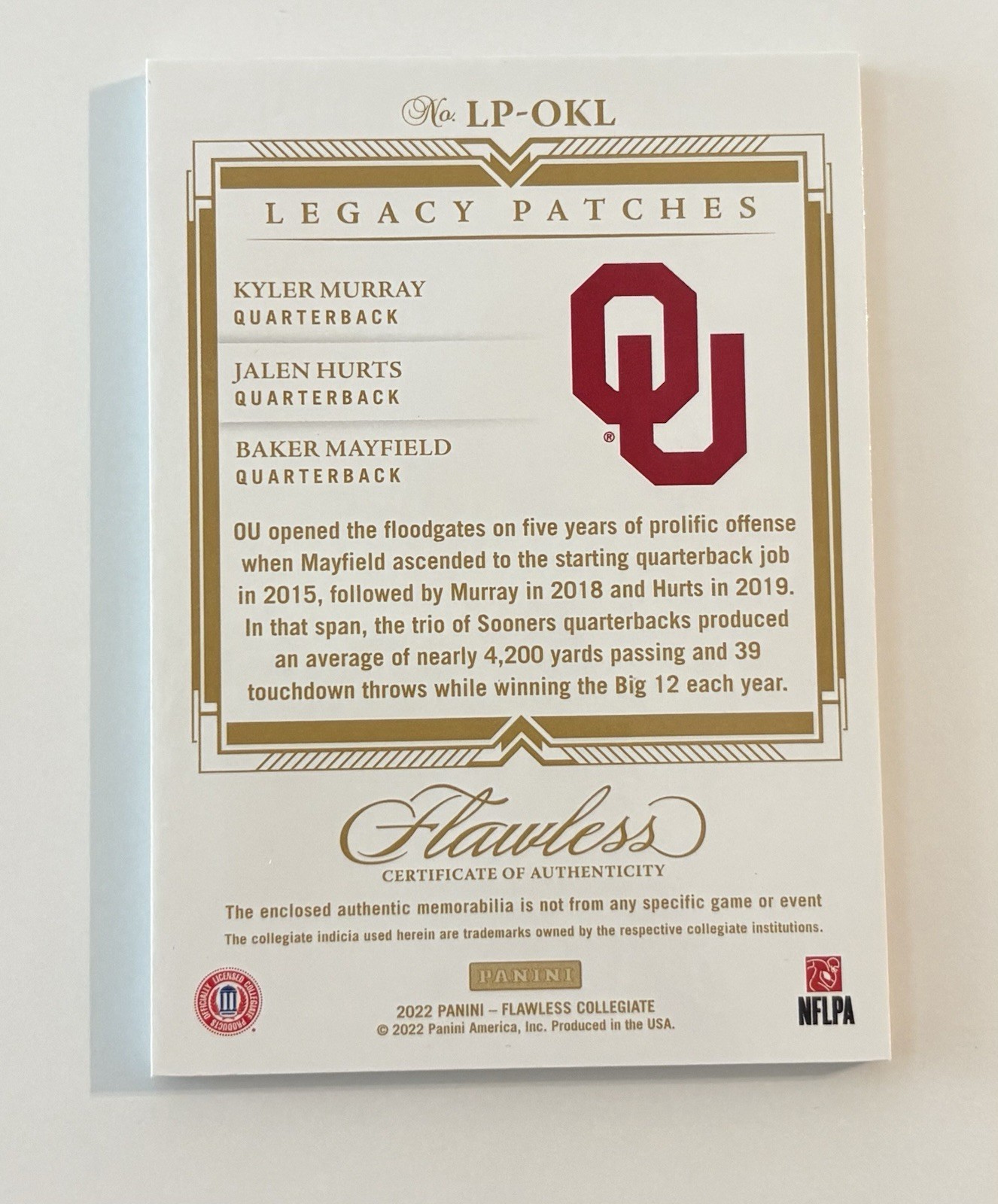 2022 Flawless Collegiate Legacy Patches 1/1 Oklahoma Sooners QB’s view 2