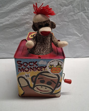 Sock Monkey Jack in the Box 2008 Square Tin Can Toy Plays Pop Goes the Weasel