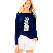 Lilly Pulitzer Roselle Navy Blue Sequin Pineapple Sweater XL Women Long Sleeve