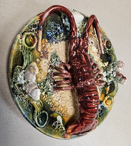 Vintage 10" Palissy Style Majolica LOBSTER Relief Pottery Plate PORTUGAL - Picture 3 of 7
