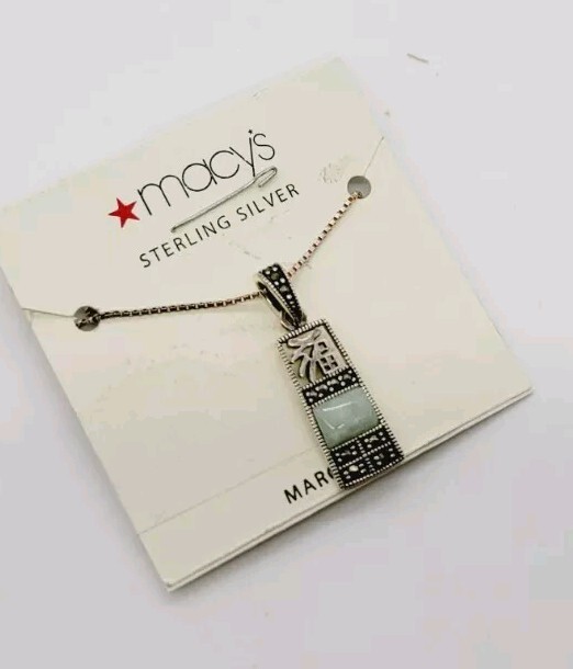 Sterling Silver 925 Marcasite Faux Jade Pendant Necklace 18 in