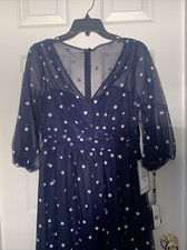 Adrianna Papell Dotted Mesh/Glitter Tulle Beaded MIDI Dress Navy Size 6 NWT $229