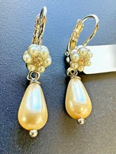Petite Flower Leverback Mariana Earrings w/Briolette in Butter "Pecan" - Rhodium