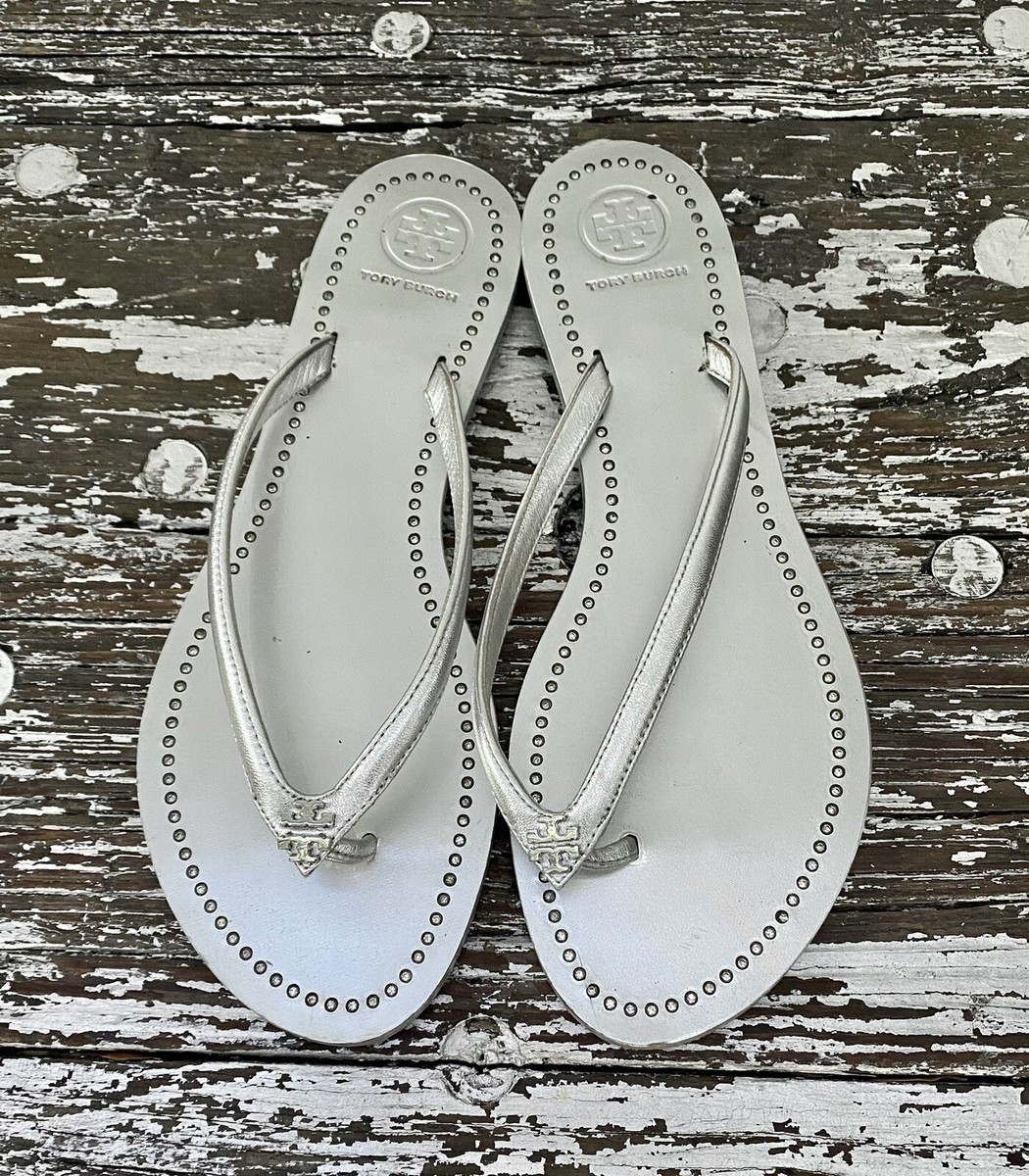 TORY BURCH Metallic Silver Leather Thong Liana Rhinestone