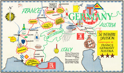 Map of 36th Infantry Division in France, Germany, Austria. Military War Poster