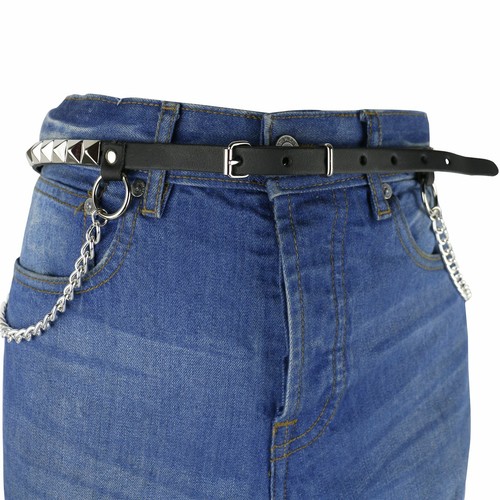 Cintura uomo jeans pelle borchiata metallo catena maglia piramidale 12 mm 1 fila B858 - Foto 3 di 4