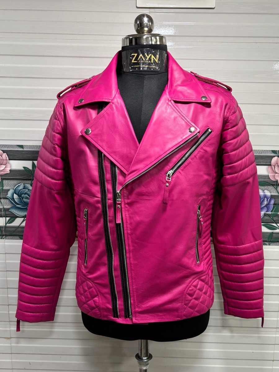 Zayn Leather Men's 100% Real Leather Pink Biker Jacket Quilted