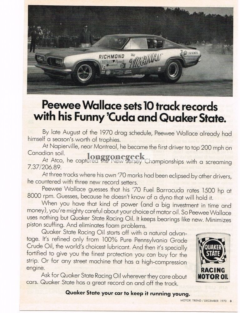1970 Quaker State Racing Motor Oil Pee Wee Wallace Virginian Dragster