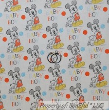 BonEful Fabric FQ Cotton Quilt White Blue Boy Mickey Mouse Disney World USA SALE