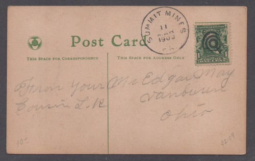 **US 20th Century RR Post Card, Summit Mines, PA, 1908 CDS, DPO2