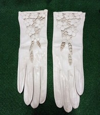  F. S. Vtg Beige With Fancy Cut Work Ladies Kid Leather Gloves, Size 5-6