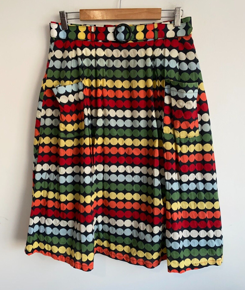 Lise Cotton Skirt Womens Size 14 Red Green Polka Dot Belted Pockets Lined Zip
