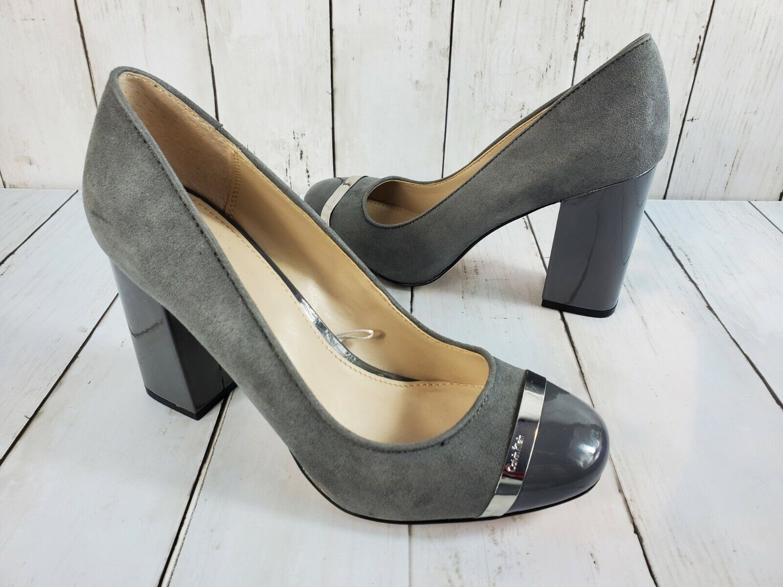 Calvin Klein Womens Carlia Pump Block Heels Shoes Gray Faux Suede Slip On   | eBay