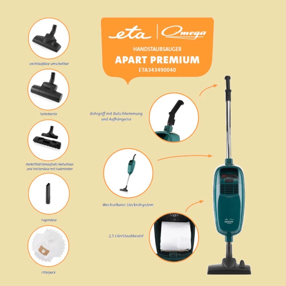 eta / Omega Apart Premium Handstaubsauger 800W + Turbobürste und Parkettbürste