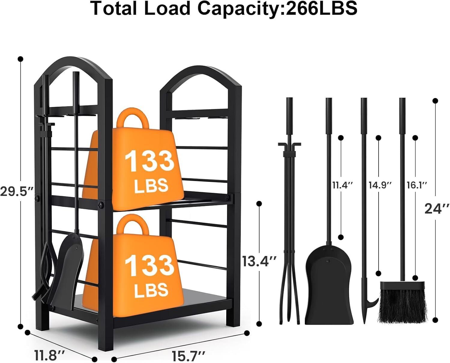 Firewood Rack with Tools 5-Piece Indoor Fireplace Wood Holder Outdoor Log Holder