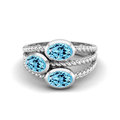 Three Stone 6x4MM Oval Swiss Blue Topaz 925 Sterling Silver Stackable Women Ring