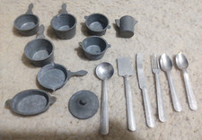 Vintage Doll House Metal Pots Pan Pitcher Lid Silverware 15 Pieces