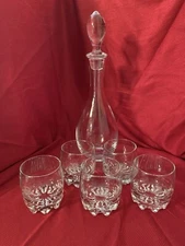 Liquor Decanter/5 Crown Royal Low Ball Whiskey/Bourbon Etched Glasses From Italy