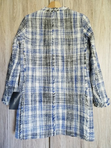 ZARA BLUE ECRU BLACK CHECKED FRAYED FROCK COAT SIZE XS - Picture 17 of 18