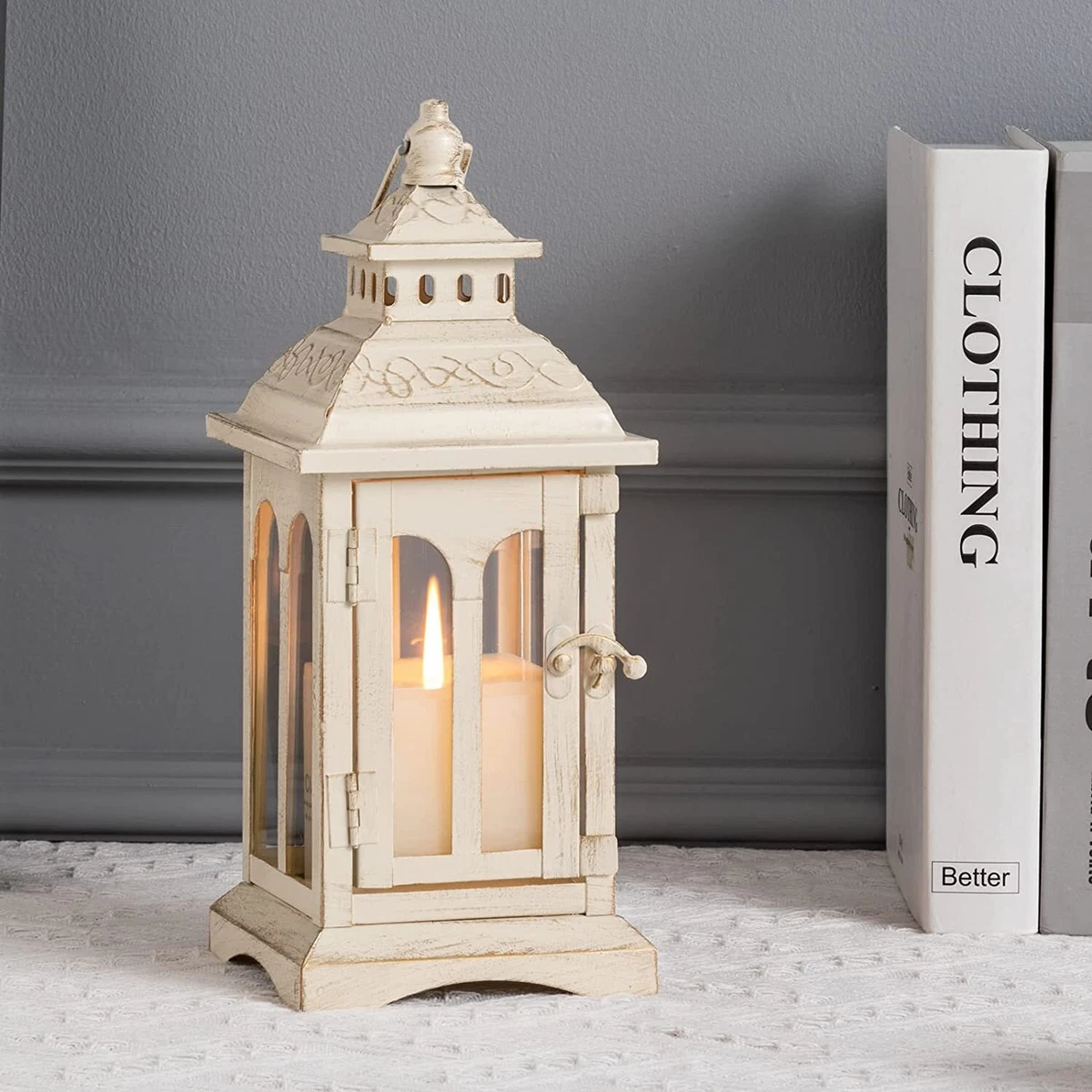 Candle Lantern Decorative Medium Hanging Spring Home Decor Vintage Metal Beige