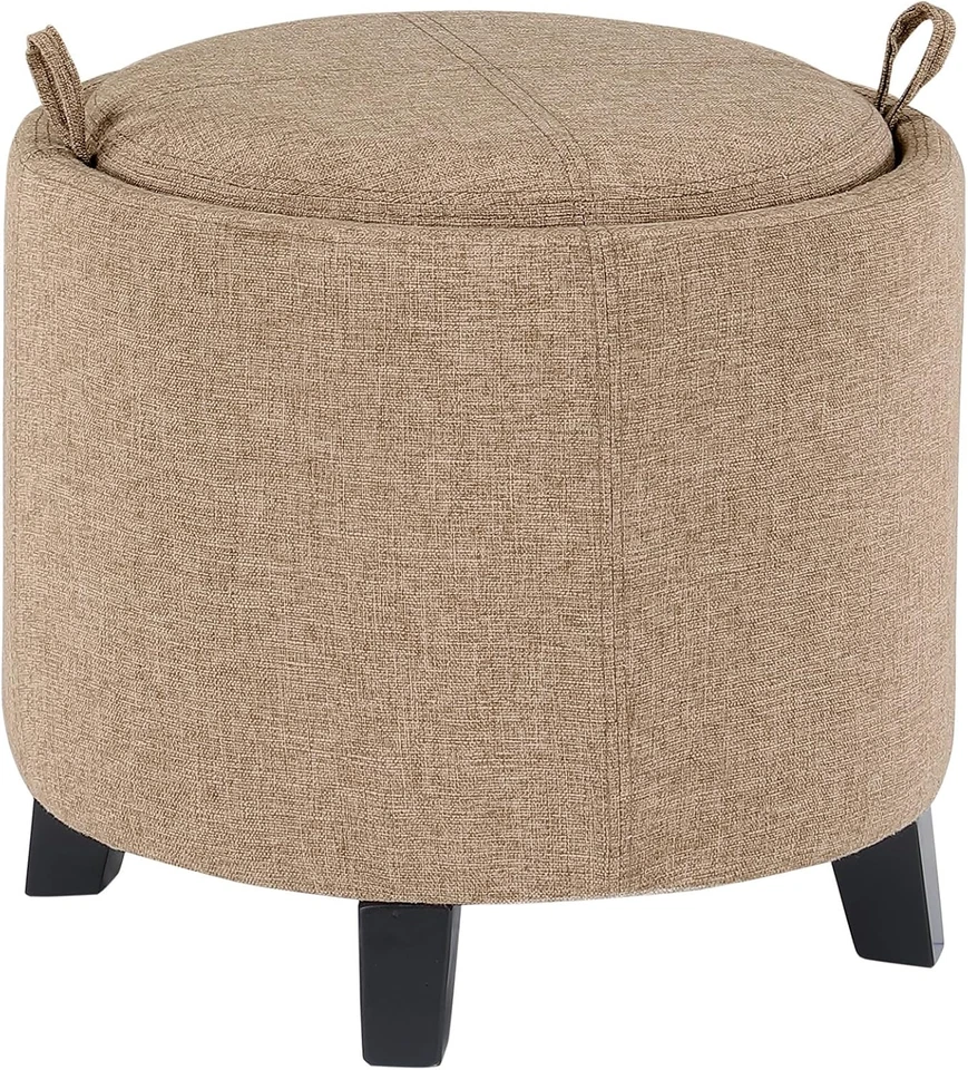 Round Modern Upholstered Foot Stool Small Tray Table, Storage Ottoman Tan Fabric - Image 3 of 4