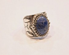 Vintage Sterling Silver Oval Blue Lapis Lazuli Wide Band Ring - Sz 7 Signed