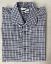 CALVIN KLEIN Men's SLIM FIT Stretch Dress Shirt MEDIUM 15.5 32/33 BLUE PLAID