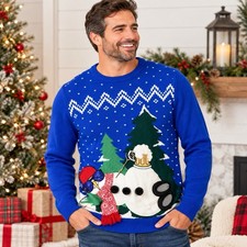Jolly Sweaters Mens Large Blue Ugly Christmas Sweater Snowman Beer Sequins 3D