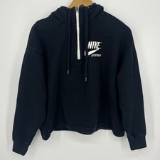 Nike Sportswear Womens Quarter Zip Cropped Hoodie Black White Logo Large