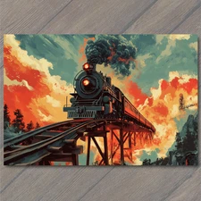 Art Print Steam Locomotive Train Bridge Explosive Sunset Sky Railroad Smoke Stac
