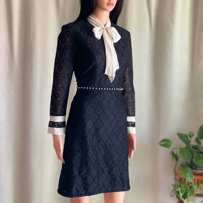 Sandro Paris Ribbon Neck Lace Dress Black White Coquette Dark Academia FR 38