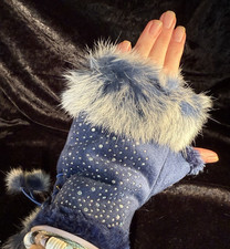 Womans Fingerless Blue Gloves Faux Fur Trim, Rhinestones, Adjustable w/ Pom-Poms