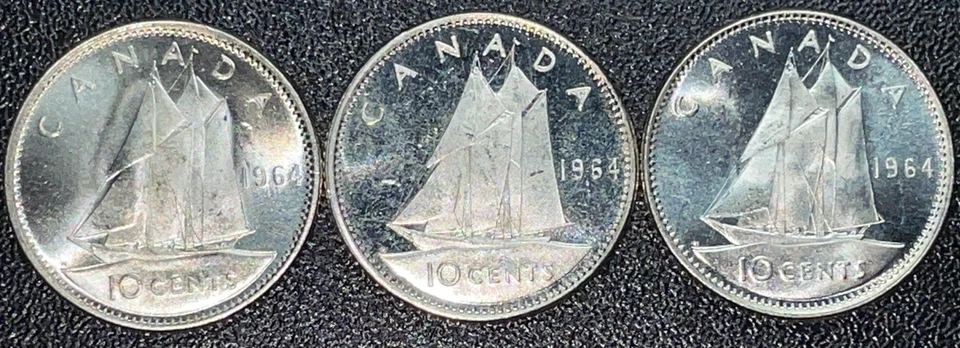 (Lot Of 3) AU 1964 Canada 10 Cents Silver Foreign Coins - Image 3 of 3