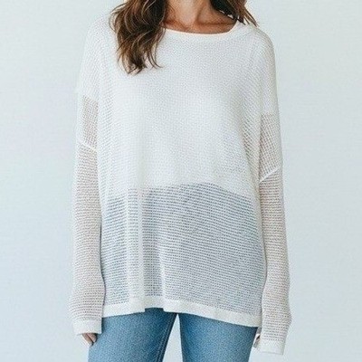 Nordstrom Sweater Women Medium White Coastal Linen Blend Open Knit Beachy Casual