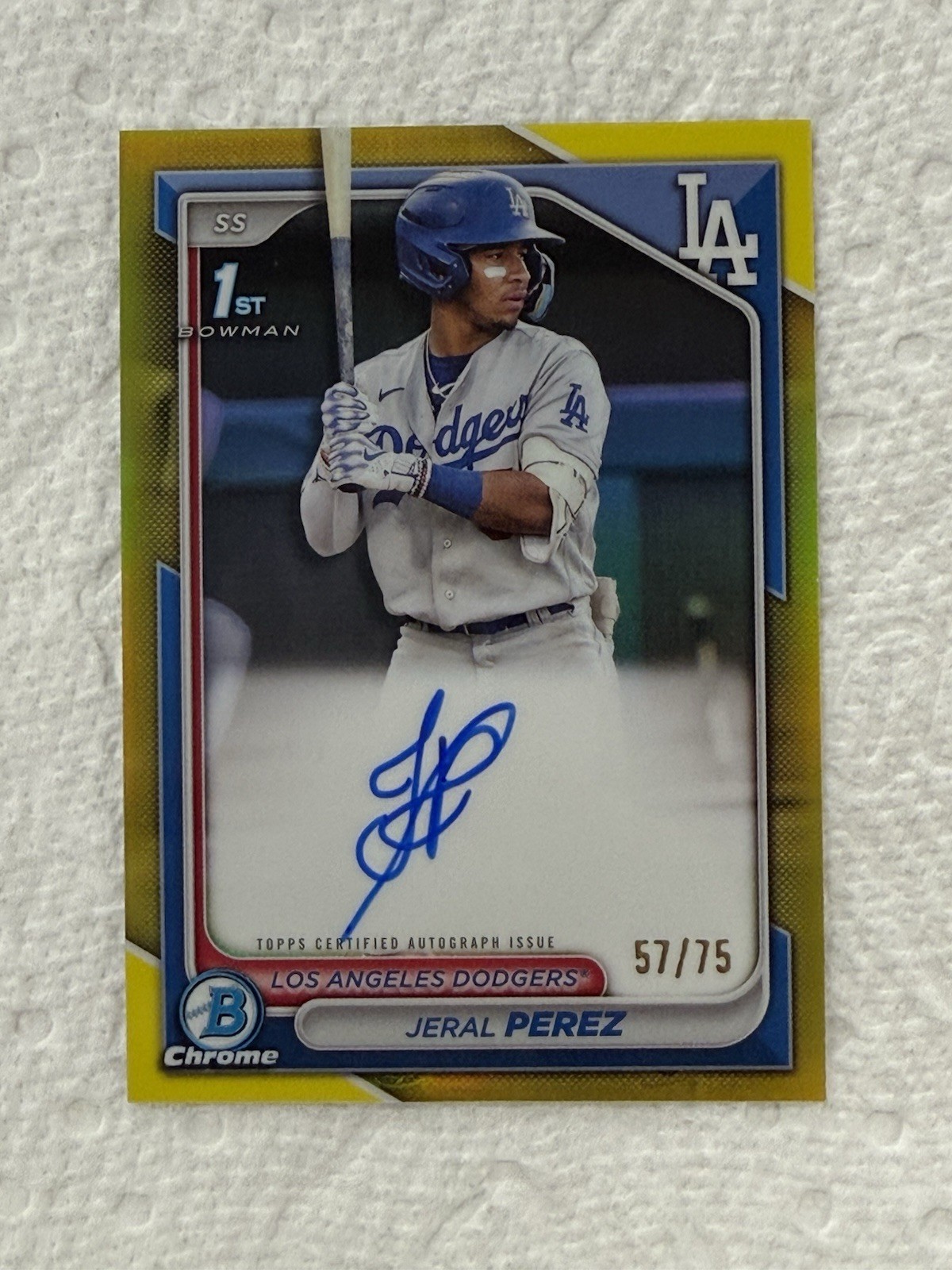 Jeral Perez 57/75 1st Bowman Chrome Auto Yellow 2024 Dodgers