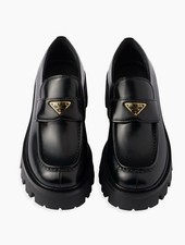 PRADA Women's Brushed Leather Loafers Size 38 Gold Logo