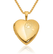 14K Solid Yellow Gold Paw Print Pet Heart Photo Locket Necklace