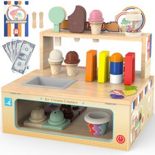 Wooden Ice Cream Toy Set Pretend Play Food Store for Toddlers, 52-Piece Kids ...