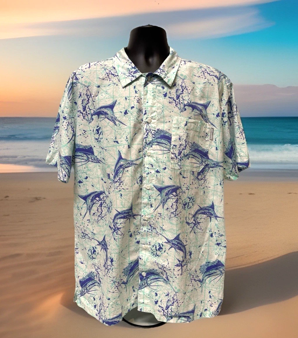 Columbia PFG Blue Marlin Fish Men's L Vented Aqua Blue Short Sleeve Shirt
