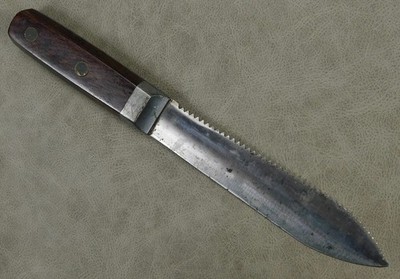 Antique 19th Century Large Sawback Hunting Camp Knife Wood Handle 10 1/2in