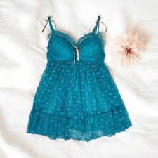 Blue Ruffle Polka Dot Sheer Babydoll Top Lingerie Bows Romantic Coquette Kawaii