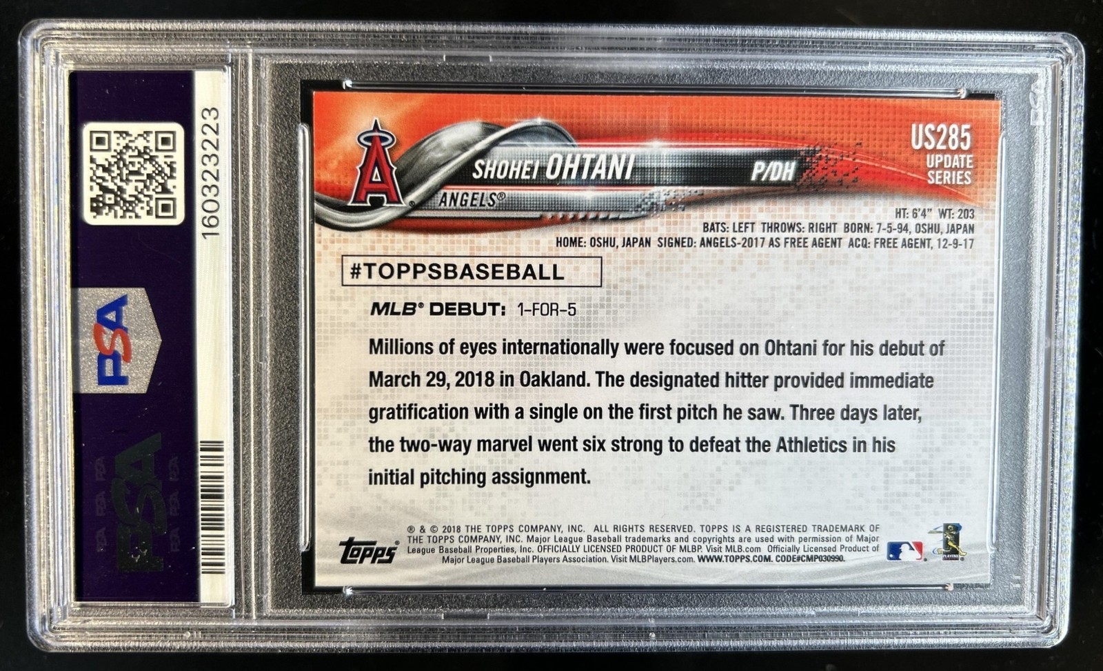 2018 Topps Update Shohei Ohtani RC Rookie #US285 Angels PSA 9 view 2